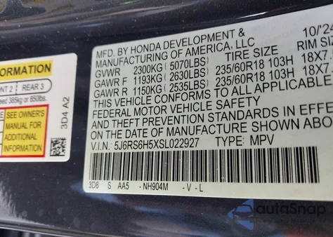 2025 Honda Cr-V Hybrid Sport из США, поврежденный, VIN 5J6RS6H5XSL022927